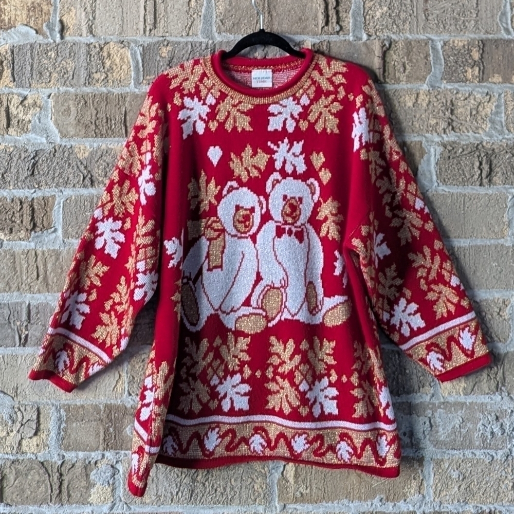 VTG 80s Holiday Time Teddy Bears Christmas Sweater Tunic Red Gold White